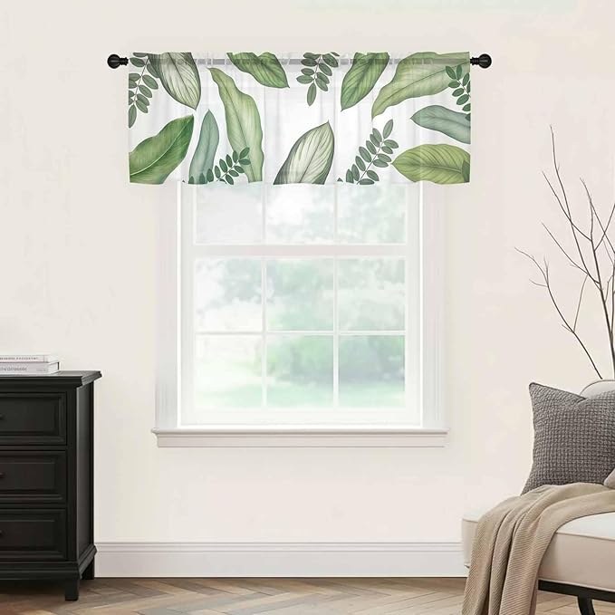 Summer Palm Leaf Sheer Valance Curtains, Green Tropical Plants Nature Leaves Modern Light Filtering Kitchen Valances Rod Pocket Voile Curtain Window Treatment for Bedroom/Living Room/Basement 60Wx18L