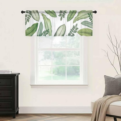 Summer Palm Leaf Sheer Valance Curtains, Green Tropical Plants Nature Leaves Modern Light Filtering Kitchen Valances Rod Pocket Voile Curtain Window Treatment for Bedroom/Living Room/Basement 60Wx18L