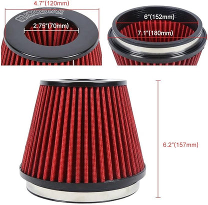 KYOSTAR Universal 6" (152mm) High-Flow Air Filter, Reusable Cone Cold Air Intake, High Performance, Washable, Clamp-On Car High Flow Air Kit, Flange Diameter: 6 Inch, Filter Height: 6.2 Inch, Red