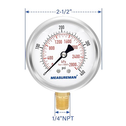 MEASUREMAN 2-1/2" Dial Size, Glycerin Filled Pressure Gauge, 0-400psi/2800kpa, 304 Stainless Steel Case, 1/4" NPT Lower Mount