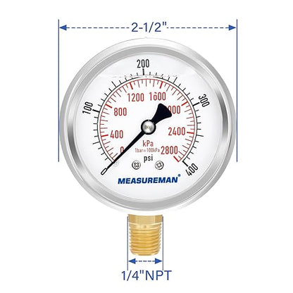 MEASUREMAN 2-1/2" Dial Size, Glycerin Filled Pressure Gauge, 0-400psi/2800kpa, 304 Stainless Steel Case, 1/4" NPT Lower Mount