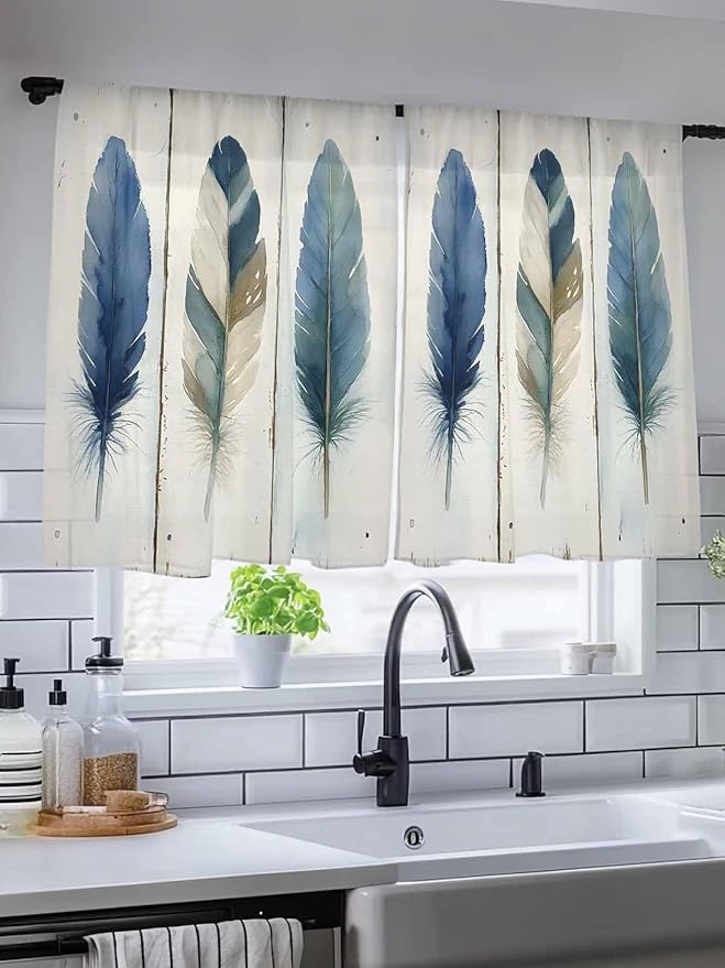 Sheer Curtains 54 Inch Length, Boho Blue Feathers Semi Sheer Curtains Light Filtering Window Treatment, Farmhouse Vintage Wooden Grain Privacy Voile Drapes for Living Room Bedroom 52x54 Inch