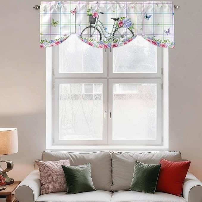 Spring Tie Up Valance Curtains for Windows, Kitchen Curtains Window Shades, Bicycles Botanical Leaves Rose Colorful Stripes Light Filtering Roman Curtain Valances for Bedroom/Bathroom/Cafe 42"x18"