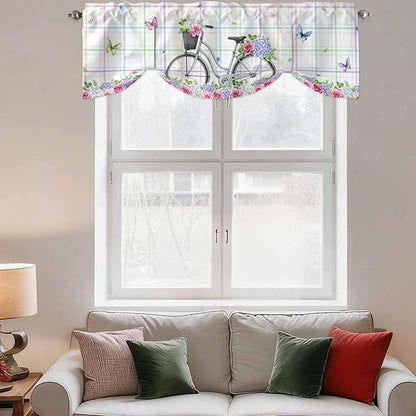Spring Tie Up Valance Curtains for Windows, Kitchen Curtains Window Shades, Bicycles Botanical Leaves Rose Colorful Stripes Light Filtering Roman Curtain Valances for Bedroom/Bathroom/Cafe 42"x12"