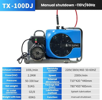 TUXING 4500Psi 300Bar High Pressure Diving Compressor,PCP Air Compressor,Auto Stop,3.5CFM100L/min Air Flow for Scuba Breathing Snorkeling Water Sport Paintball 110V 60HZ Single-phase (TXEDM043)