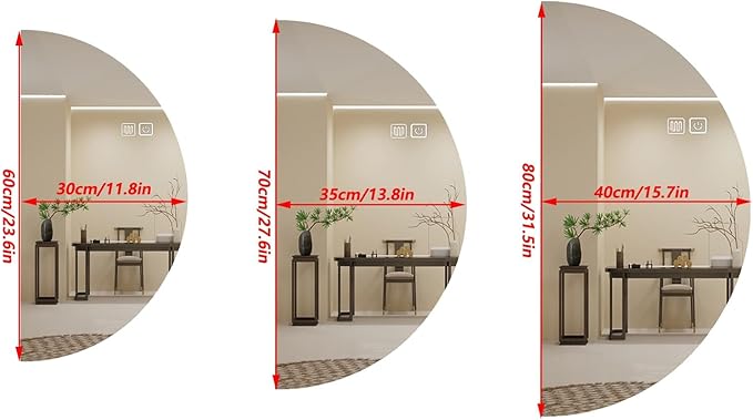LED Bathroom Mirror with LED Lights, Wall Mounted Bathroom Mirror with Demister Pad and Touch Sensor Switch, Semicircle Illuminated Bathroom Mirror, 3-Color Dimmable(Left,13.8 * 27.6in/35 * 70cm)