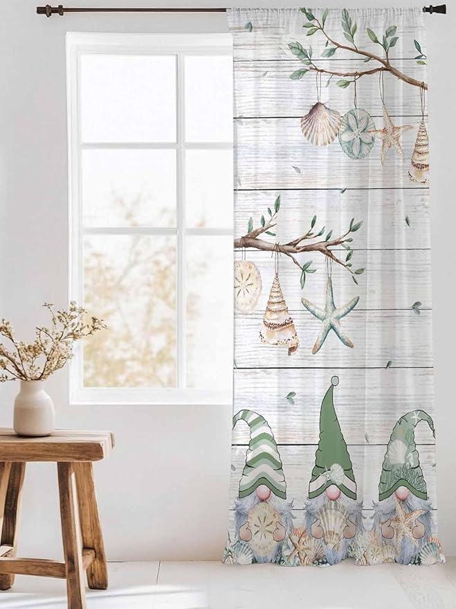 Sheer Curtains 108 Inches Long, Sage Green Gnomes Semi Sheer Curtains Light Filtering Window Treatment, Eucalypus Coastal Anchor Retro Wood Privacy Voile Drapes for Living Room Bedroom 52x108 Inch