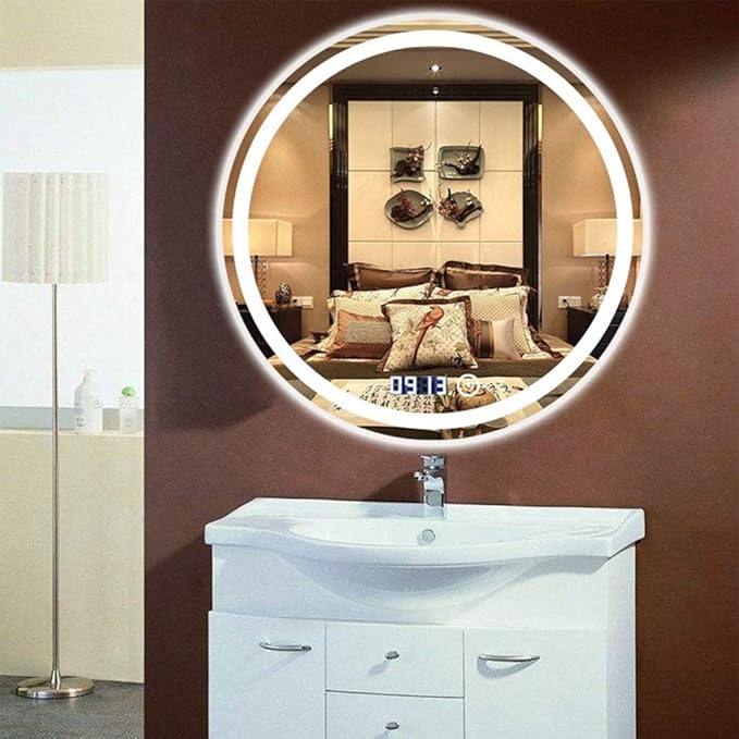 Round Waterproof LED Bathroom Wall Makeup Mirrors with White Light Sensor Touch Control and Demister Pad (Color : with Frame Size : 70cm) (Without Frame 80cm)