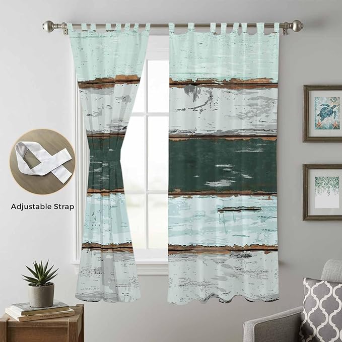 Blue Teal Living Room Curtains 84 Inch Length, Window Curtains Tab Top, Vintage Wooden Retro Art Farmhouse Barns Light Filtering Window Treatments Drapes 52"x84" 2 Panel