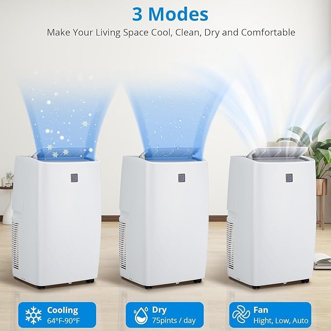 Portable Air Conditioners, 12000 BTU Portable AC for Rooms Up to 550 Sq.Ft. 3-In-1 AC with Fast Cooling, Dehumidifier & Three Speed Fan, 24H Timer/Remote Control/Quiet, White LED Control Panel