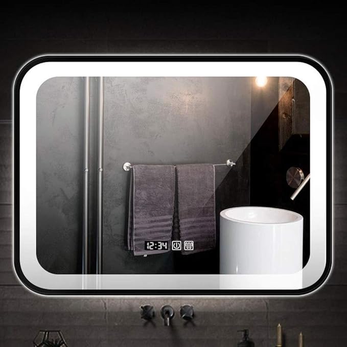 Bathroom Mirror with LED Light and Demister Pad Wall Mounted Mirror Makeup Shaving Mirror Smart Touch Switch (Black 700 * 900mm)
