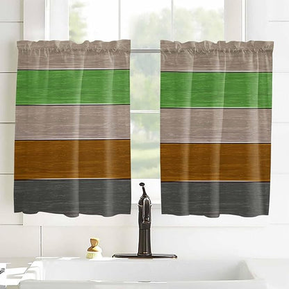 Farm Gray Green Brown Wood Grain Window Valance Curtains, Rustic Wooden Plank Light Filtering Kitchen Valance with 3-inch Rod Pocket for Living Room Bathroom Bedroom,2 Panel,52x45In