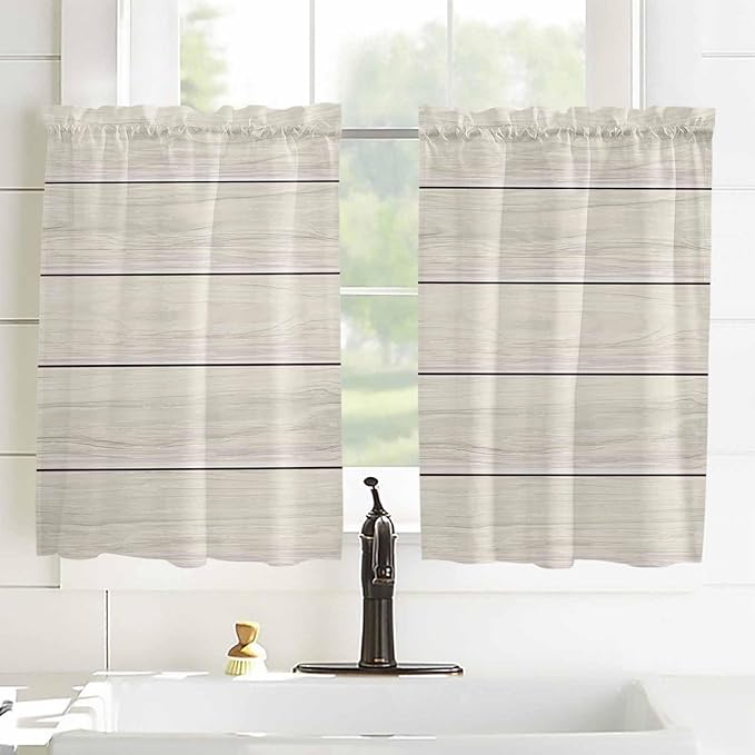 Vintage Country Wooden Board Window Valance Curtains, Gradient Wood Grain Line Light Filtering Kitchen Valance with 3-inch Rod Pocket for Living Room Bathroom Bedroom,2 Panel,27.5x45In
