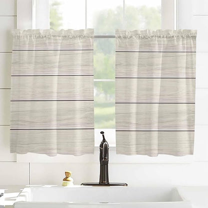 Vintage Country Wooden Board Window Valance Curtains, Gradient Wood Grain Line Light Filtering Kitchen Valance with 3-inch Rod Pocket for Living Room Bathroom Bedroom,2 Panel,27.5x45In