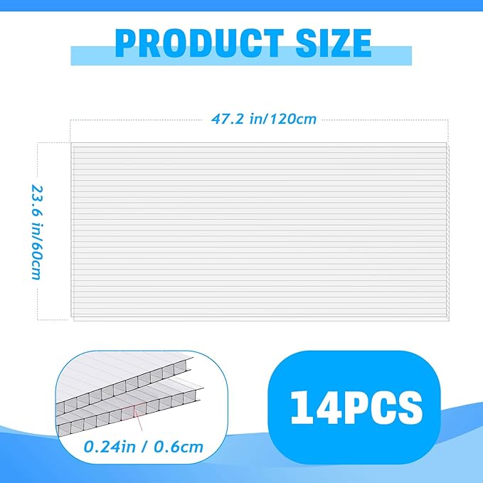 14 Pack Polycarbonate Greenhouse Panels, 4' x 2' x 0.24" Twin-Wall Polycarbonate Sheets for All Weather Green house Covering, Clear Greenhouse Panels, Excellent Light Transmission & Weather Resistance