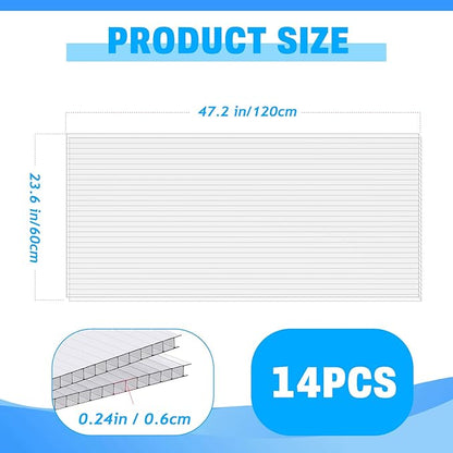 14 Pack Polycarbonate Greenhouse Panels, 4' x 2' x 0.24" Twin-Wall Polycarbonate Sheets for All Weather Green house Covering, Clear Greenhouse Panels, Excellent Light Transmission & Weather Resistance