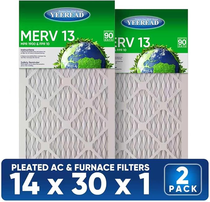 14x30x1 MERV 13 Air Filters, 2-Pack – Actual Size 13.7" x 29.7" x 0.75" – High-Efficiency Pleated Filter for HVAC, AC & Furnace Systems – Advanced Filtration for Cleaner Air