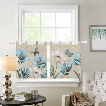 Spring Flowers Kitchen Curtains 36 Inch Length, Small Window Curtains Tab Top, Vintage Rustic Tulips Floral Butterfly Khaki Light Filtering Short Window Treatments Tier Drapes 27.5"x36" 2 Panel