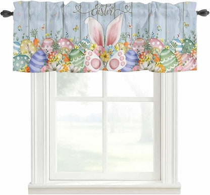 Easter Curtain Valances for Windows, Kitchen Valance Window Treatment, Spring Eggs Rabbit Ear Flowers Wooden Grain Light Filtering Block Curtains for Bathroom/Bedroom/Living Room 42'' x 18''