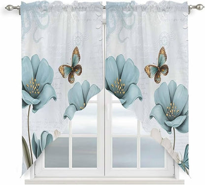 Blue Tulips Swag Valances for Windows, Watercolor Flowers Butterfly Spring Farmhouse Blue Rod Pocket Kitchen Curtains Valance, Kitchen Window Curtains Swag for Cafe Living Room, 2 Panels, 36x45 inch