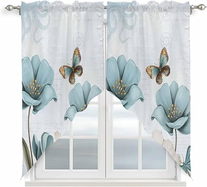 Blue Tulips Swag Valances for Windows, Watercolor Flowers Butterfly Spring Farmhouse Blue Rod Pocket Kitchen Curtains Valance, Kitchen Window Curtains Swag for Cafe Living Room, 2 Panels, 36x63 inch