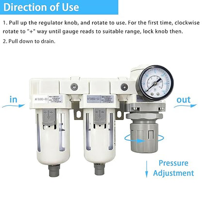 XingNEeng 3/8" NPT Compressed Air Filter Regulator Lubricator (FRL) Combo, Water/Oil Trap Separator, Air Pressure Regulator with Pressure Gauge(0-150 psi), Semi-Auto Drain, Poly Bowl, Metal Bracket