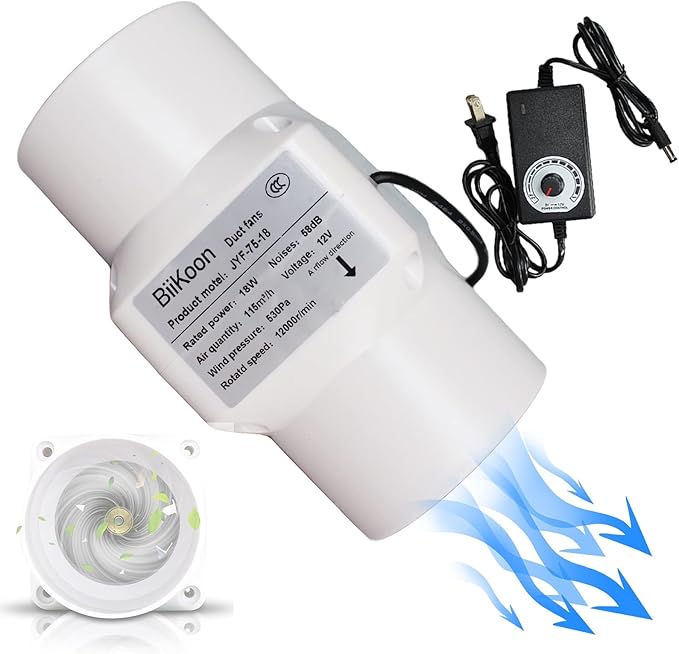 Inline Duct Fan 3 Inch 12V HVAC Exhaust Intake Fans Plastic Low Noise Basement Ventilation Blower for Vents Grow Tents Hydroponic (Color : Adjustable Speed, Size : 18w)