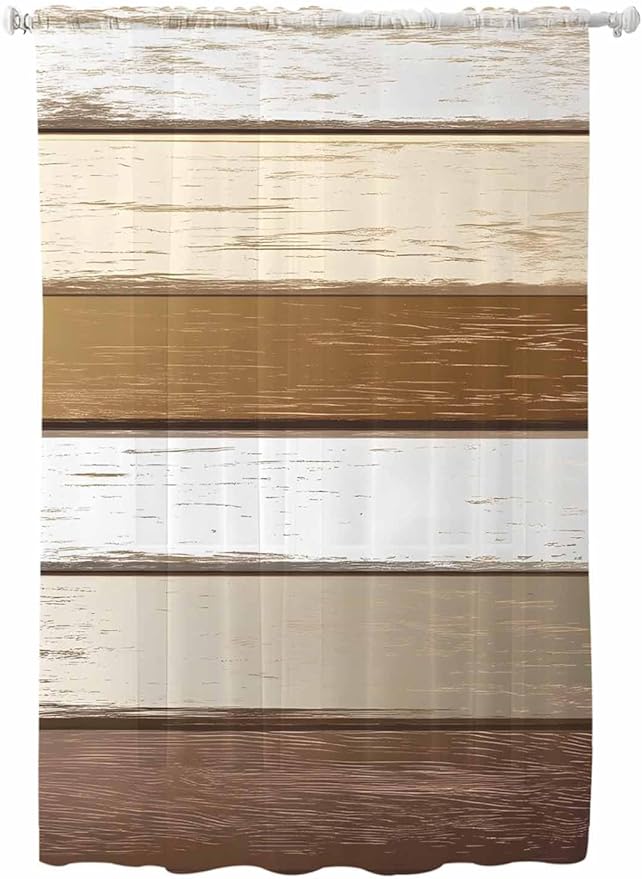 Sheer Curtains 72 Inches Long, Vintage Geometric Brown Semi Sheer Curtains Light Filtering Window Treatment, Farmhouse Country Chic Wood Grain Privacy Voile Drapes for Living Room Bedroom 52x72 Inch