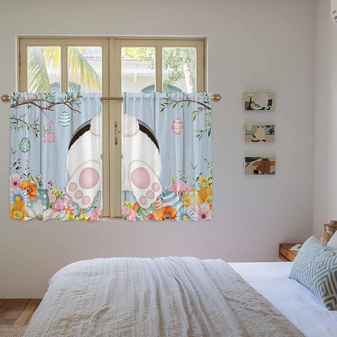 Easter Kitchen Tier Curtains 45 Inch Long 2 Panel Set,Rod Pocket Short Window Treatment,Spring Watercolor Bunny Eggs Flower Wood Grain Blue Light Filtering Curtains & Drapes for Bathroom 27.5"W x 45"L