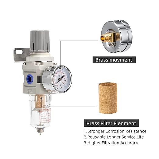 Pneumatic Air Compressor Filter Regulator Combo 1/4" NPT 150 PSI w/Adjustable Gauge-Water Separator,Metal Bracket,Manual Drain,5 Micron Brass Cartridge
