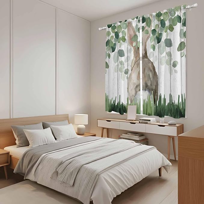 Easter Kitchen Curtains, Country Rabbit Botanical Leaves Wooden Grain Light Filtering Window Curtain Panels, 2Pcs Rod Pocket Window Treatments Set for Living Room Bathroom Bedroom 42x63 Inches