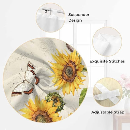 Farm Sunflowers Living Room Curtains 96 Inch Length, Window Curtains Tab Top, Retro Flowers Butterfly Botanical Beige Light Filtering Window Treatments Drapes 52"x96" 2 Panel
