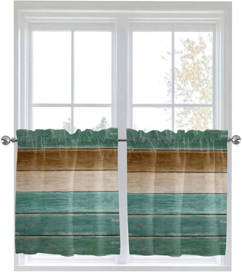 Vintage Plank Turquoise Brown Window Valance Curtains, Farmhouse Wood Grain Light Filtering Kitchen Valance with 3-inch Rod Pocket for Living Room Bathroom Bedroom,2 Panel,27.5x24In