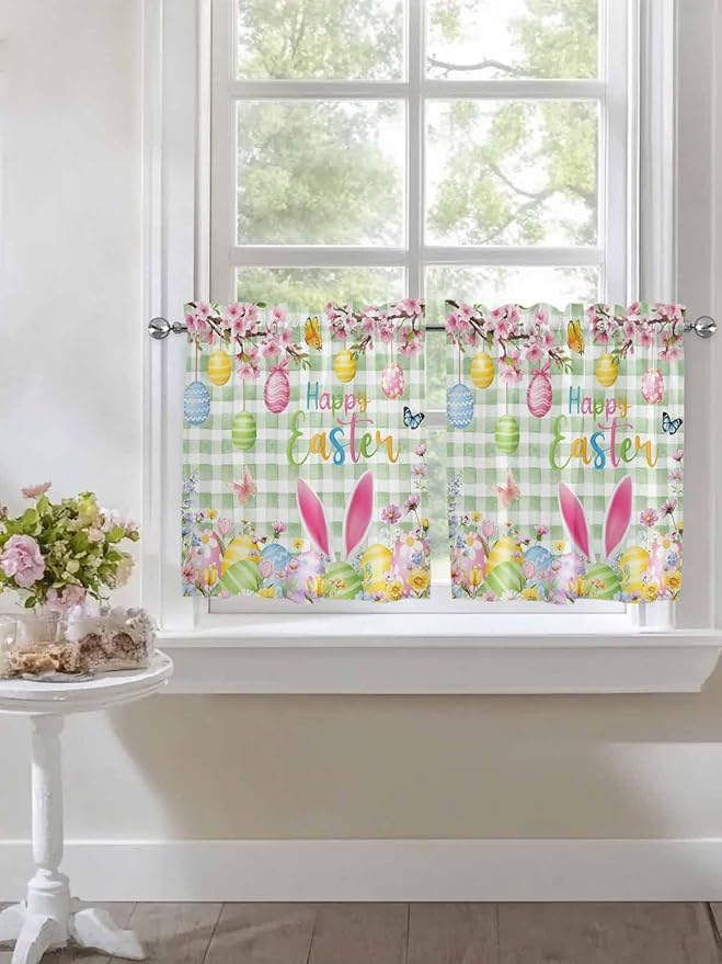 Happy Easter Half Window Curtains 24 Inches Long, Spring Bunny Eggs Flower Sage Green Plaid Window Treatment Curtain Drapes, Short Curtains Tiers for Kitchen Over Sink, 27.5"x24", 2 Panels