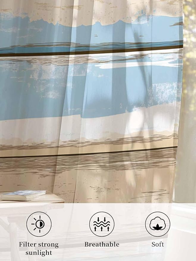 Sheer Curtains 63 Inch Length, Vintage Geometric Blue Semi Sheer Curtains Light Filtering Window Treatment, Abstract Country Shabby Wood Grain Privacy Voile Drapes for Living Room Bedroom 52x63 Inch