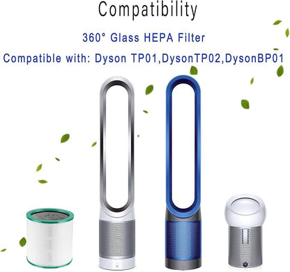TP01 Ture HEPA 360° Glass Filter Replacement for Dyson Tower Air Purifier Pure Cool Link TP01 TP02 TP03 AM11 Models, Dyson Pure Cool Me BP01 Personal Purifying Fan, 2 Pack