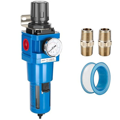 NANPU 1" NPT Compressed Air Filter Regulator Combo Piggyback, 5 Micron Brass Element, Poly Bowl, Manual Drain, Metal Bracket, 0-150 psi Gauge -AW5000-10M