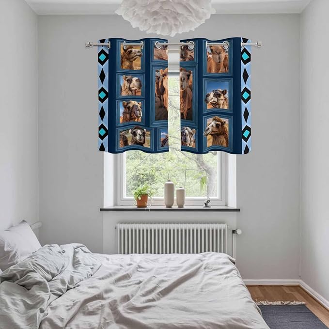 2 Panel Kitchen Cafe Curtains, Desert Camels Sunlight Filtering Nature Air Through, Home Decor Window Covering Tier Curtains for Living Room 55W x 39L inch Wildlife Brown Animals Blue Geometric