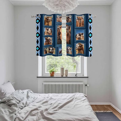 2 Panel Kitchen Cafe Curtains, Desert Camels Sunlight Filtering Nature Air Through, Home Decor Window Covering Tier Curtains for Living Room 55W x 39L inch Wildlife Brown Animals Blue Geometric