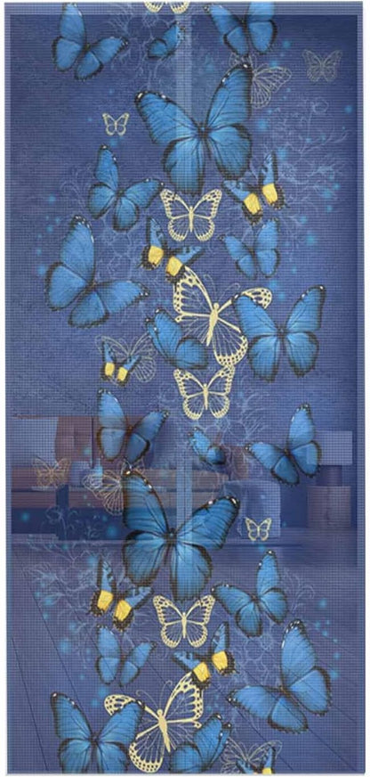 Screen Door 38"x83" Blue Butterfly Door Screen Magnetic Closure, Yellow Navy Blue Butterfly Art Hands Free Magnetic Screen Door for Single/Sliding/Front Door