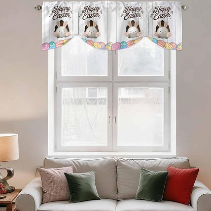 Grey Easter Tie Up Valance Curtains for Windows, Kitchen Curtains Window Shades, Spring Cartoon Bunny Colorful Eggs Wood Grain Light Filtering Roman Curtain Valances for Bedroom/Bathroom/Cafe 42"x18"