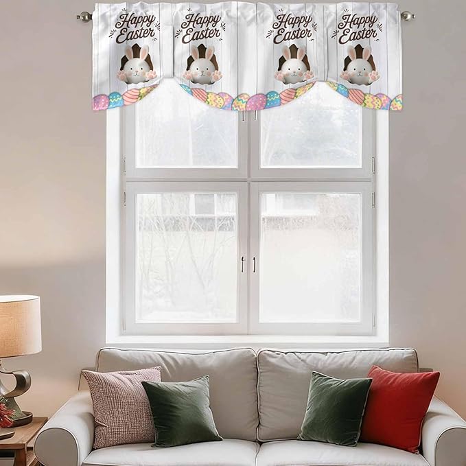 Grey Easter Tie Up Valance Curtains for Windows, Kitchen Curtains Window Shades, Spring Cartoon Bunny Colorful Eggs Wood Grain Light Filtering Roman Curtain Valances for Bedroom/Bathroom/Cafe 54"x18"