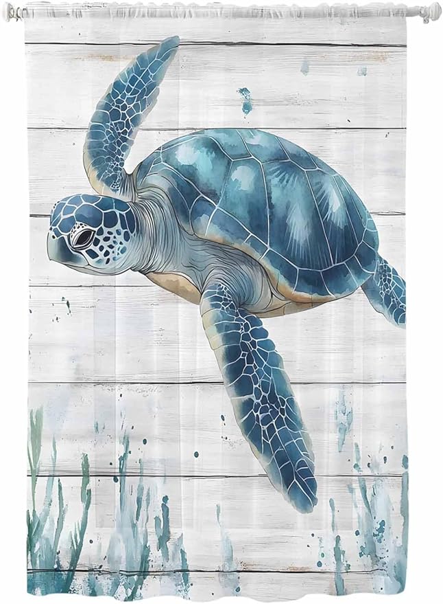 Sheer Curtains 72 Inches Long, Teal Green Ocean Turtle Semi Sheer Curtains Light Filtering Window Treatment, Coastal Seaweed Wood Grain Privacy Voile Drapes for Living Room Bedroom 52x72 Inch