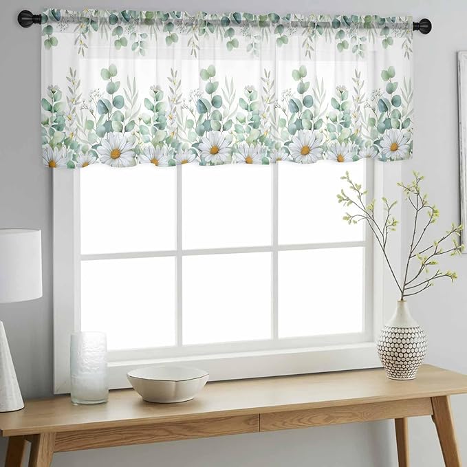 Eucalyptus Leaves Daisy Sheer Valance Curtains, Summer Farmhouses Flower Light Filtering Kitchen Valances Rod Pocket Voile Curtain Window Treatment for Bedroom/Living Room/Basement 42Wx18L
