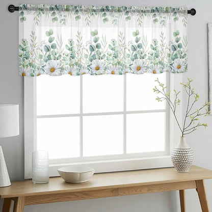 Eucalyptus Leaves Daisy Sheer Valance Curtains, Summer Farmhouses Flower Light Filtering Kitchen Valances Rod Pocket Voile Curtain Window Treatment for Bedroom/Living Room/Basement 60Wx18L