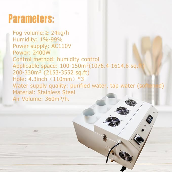 Ultrasonic Humidifier 24kg/h Portable Continuous Cool Mist Maker Humidifier Commercial Industrial Humidifier with Humidistat and Remote Sensor for Greenhouse Large Room Three Mist Outlet
