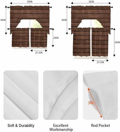 Brown Wooden Board Swag Kitchen Curtains Valance and Tier Set, Vintage Wood Grain Farmhouse Barn Themes Light-Filtering Swag Valance 36 Inch Length, Rod Pocket Short Curtain for Bedroom Cafe