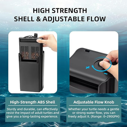 Turtle Tank Filter Internal Power Aquarium Filter Low Water Level Biofiltration 290GPH Large Fish Tank Filter for 30 to 55 Gallon Aquarium Turtle Shrimp Frog