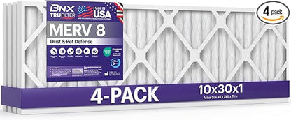 BNX TruFilter 10x30x1 Air Filter MERV 8 (4-Pack) - MADE IN USA – Dust & Pet Defense Electrostatic Pleated Air Conditioner HVAC AC Furnace Filters for Dust, Pet, Mold, Pollen MPR 600 – 700 & FPR 5