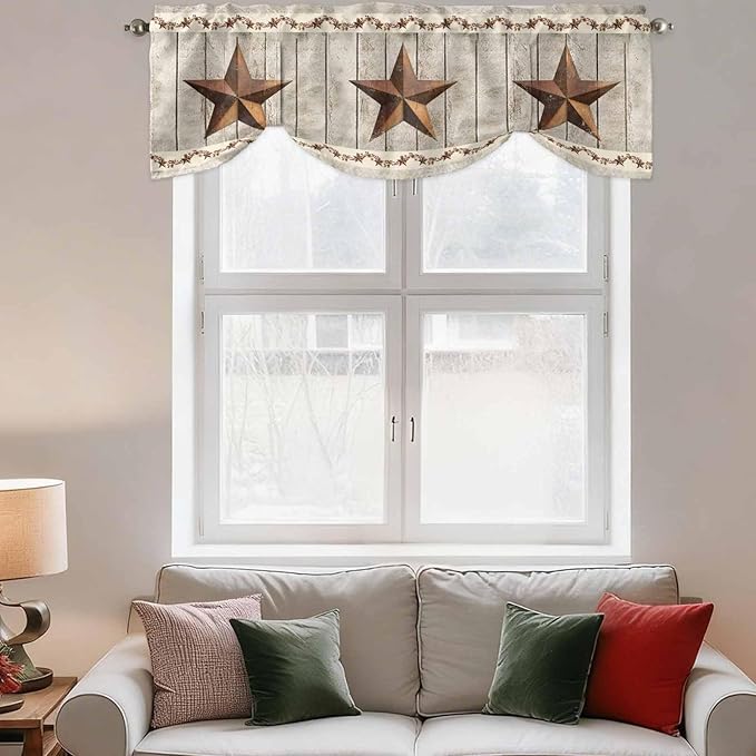Western Texas Star Retro Tie Up Valance Curtains for Windows, Kitchen Curtains Window Shades, Country Farmhouse Gray Wood Grain Light Filtering Roman Curtain Valances for Bedroom/Bathroom/Cafe 54"x18"